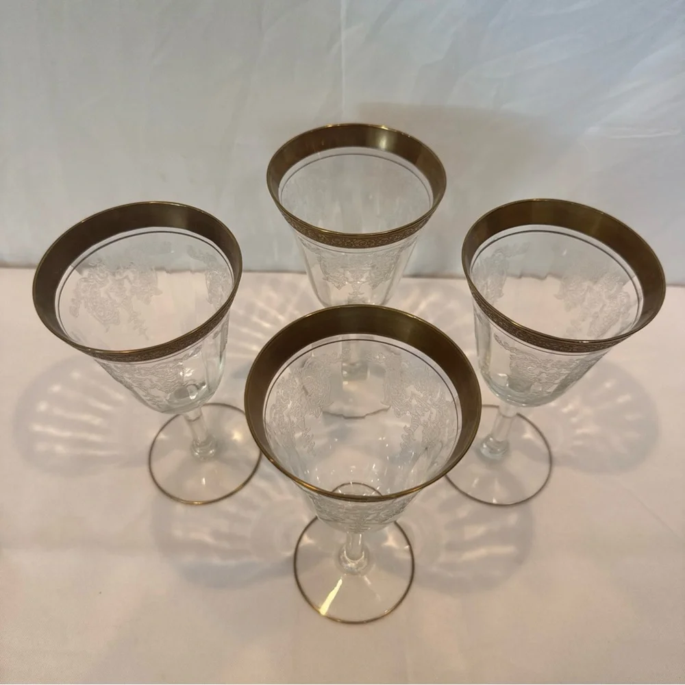 Antique 1920s Art Deco Etched Crystal Stemmed Glasses with Gold Rims
